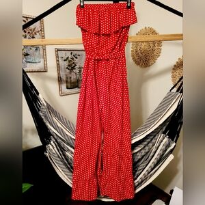 Red And White Polka Dot Strapless Jumpsuit